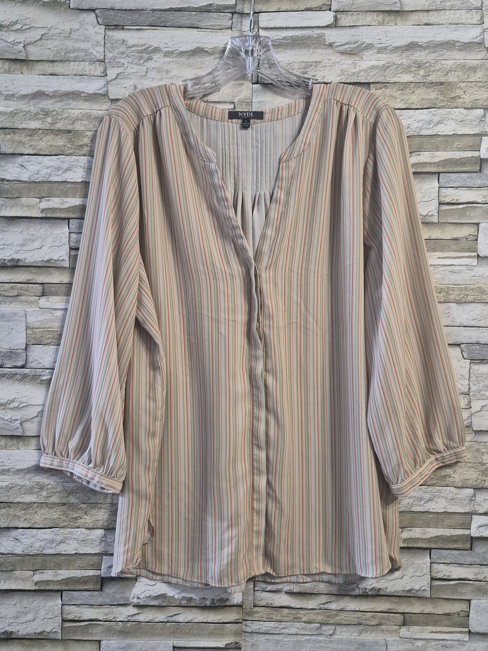 ​NYDJ Striped Tunic Blouse Top Women Size L Peach Green Pleated Boho Casual Chic